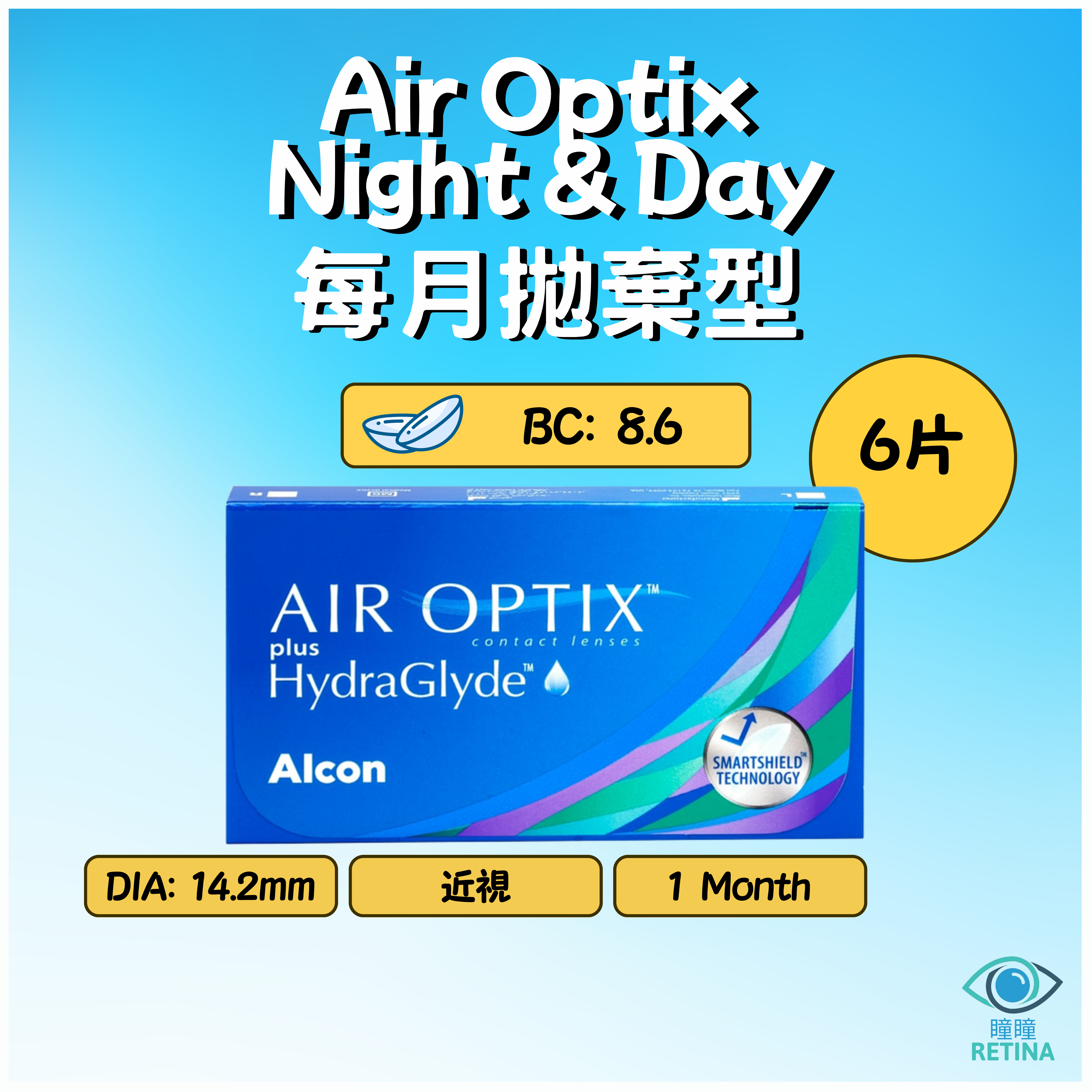 Alcon Air Optix plus HydraGlyde 1-Month (6片) – RETINA 瞳瞳